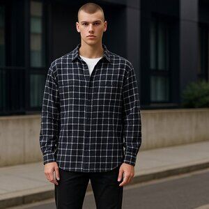 Men's Flannel Shirt Sz XL Button Flannel Pocket Gray/Black Plaid/Check